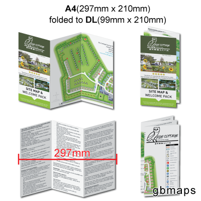 Folded brochure maps showing a detailed caravan and holiday park layout