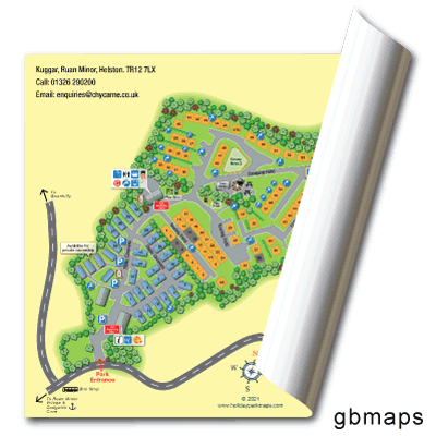 Indoor laminated holiday park poster map displayed on a wall