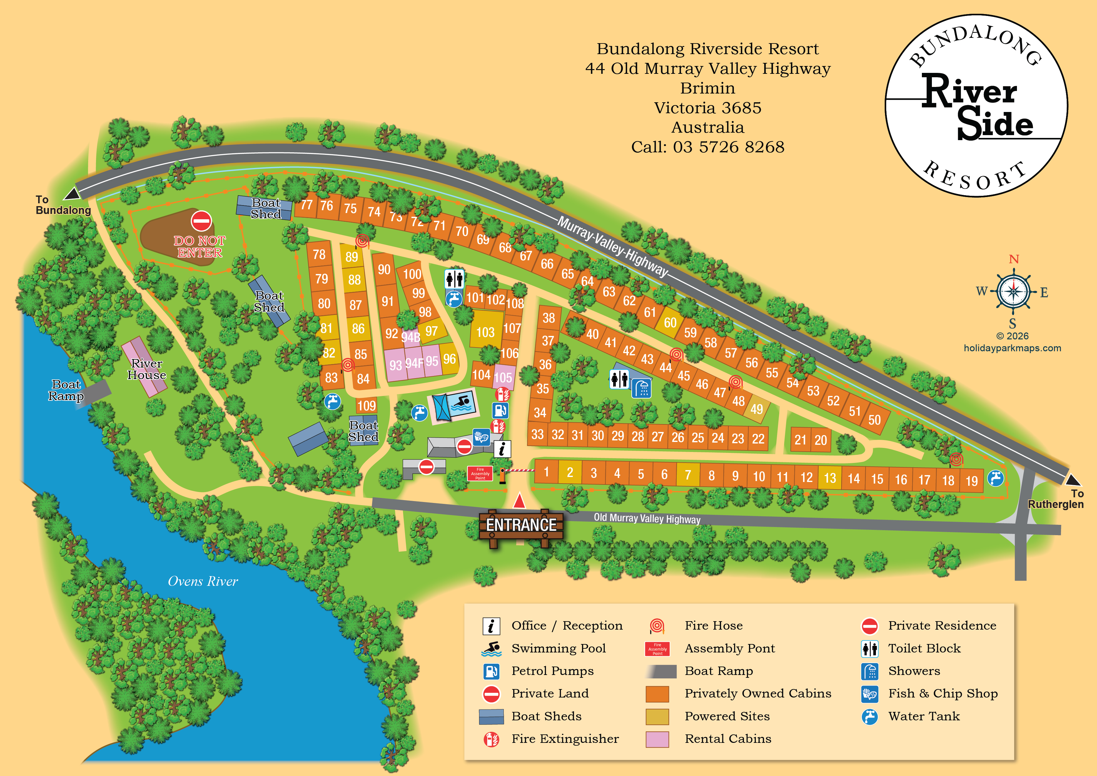 Illustrated site map of Bundalong Riverside Resort in Brimin, Victoria