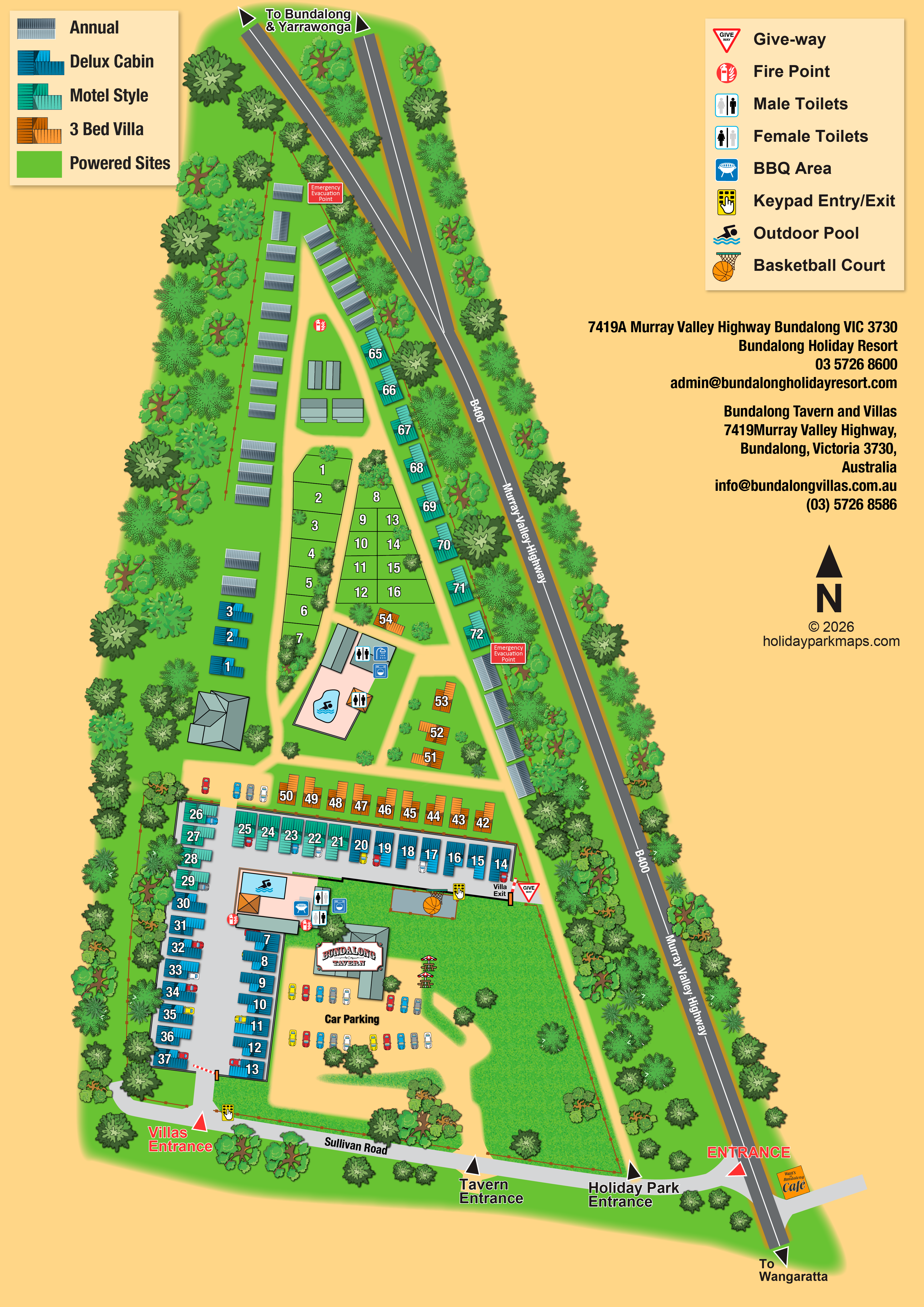 Illustrated site map of Bundalong Holiday Resort and Bundalong Tavern and Villas in Victoria