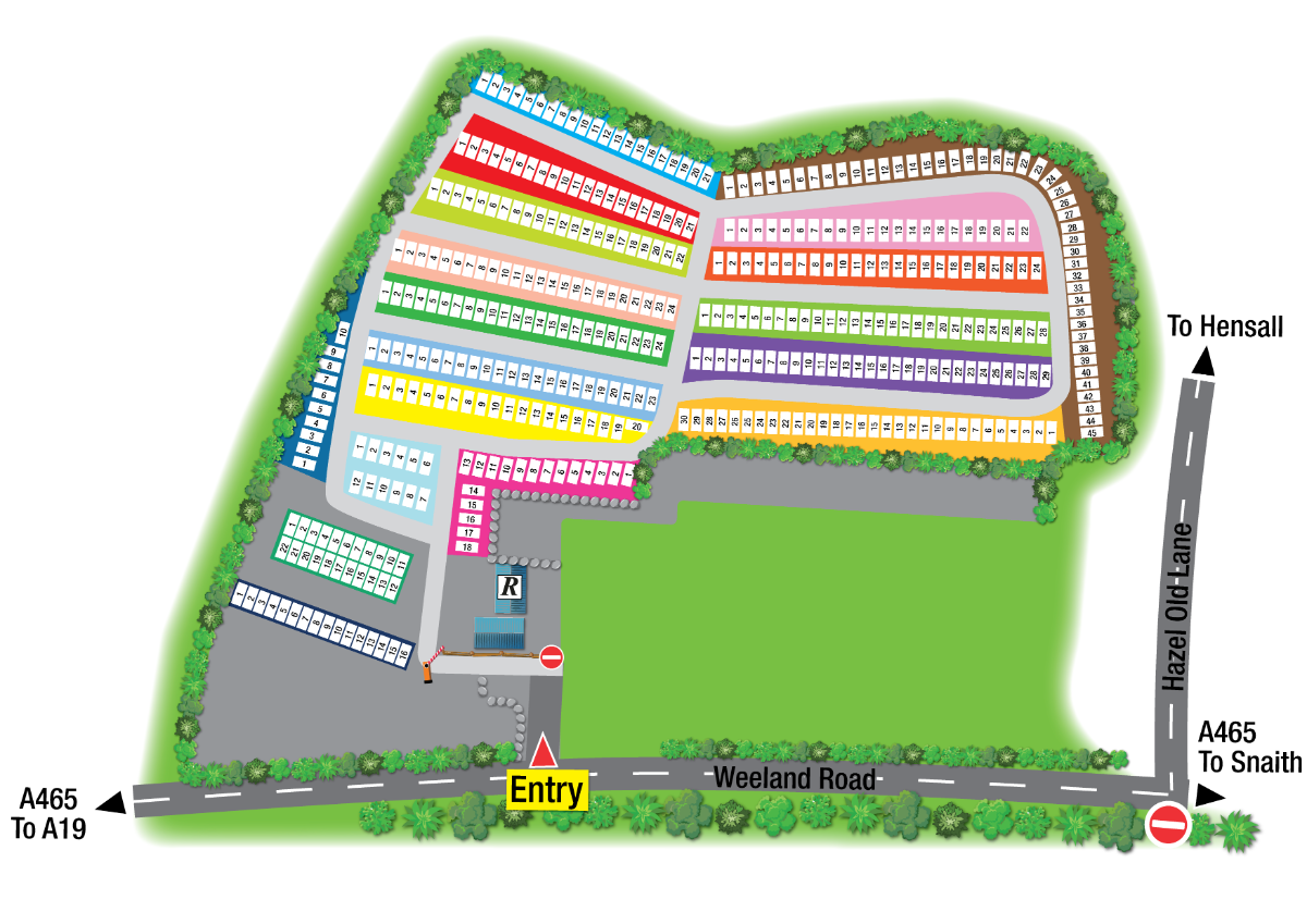 Mapped layout of Hazel Grove Caravan Storage with numbered bays and colour-coded sections