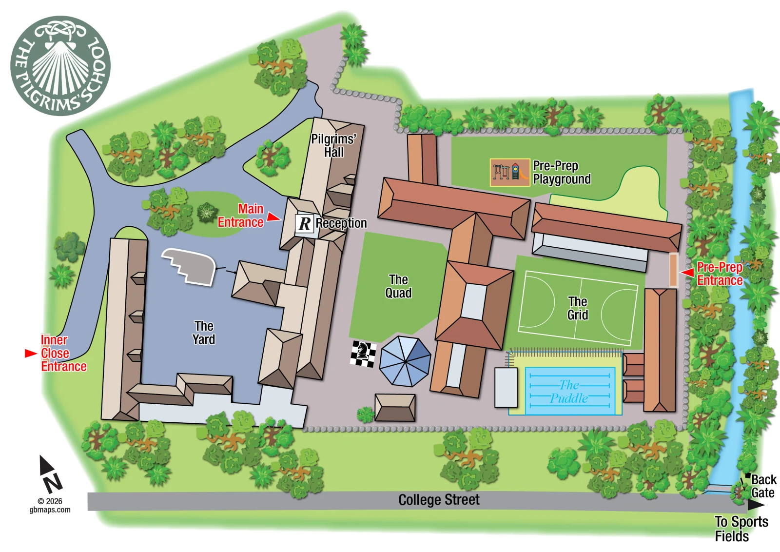 Illustrated map of The Pilgrims' School buildings, entrances and facilities