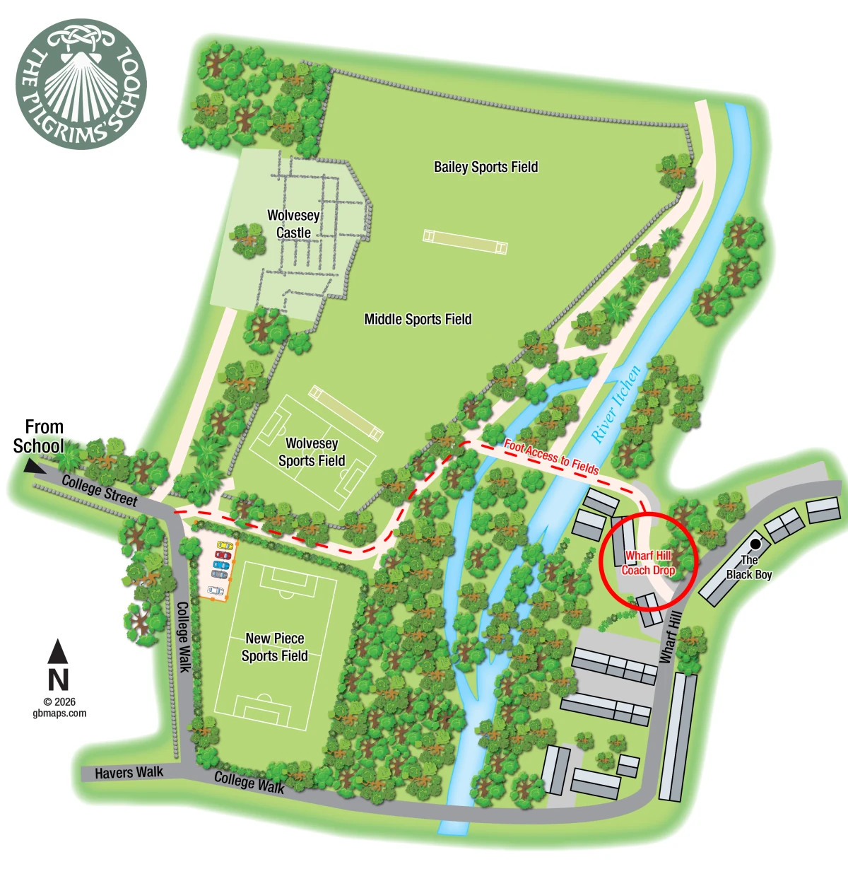 Illustrated map of The Pilgrims' School sports fields and wider grounds