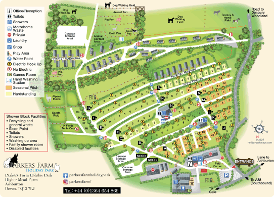 Professional illustrated holiday park map example showing pitches, facilities and branding